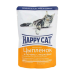 Happy Cat. Паучи для взрослых кошек. Цыпленок и печень с морковью в желе. 0,085кг.
