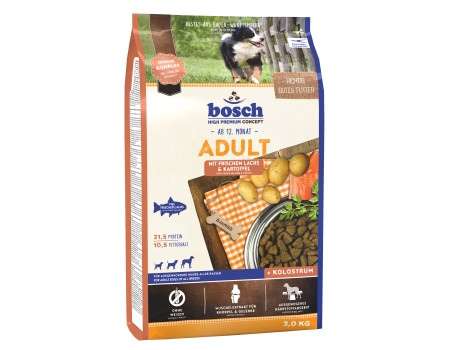 Bosch. ADULT с лососем и картофелем. Полнорационный корм для взрослых собак со средним уровнем активности. 3 кг