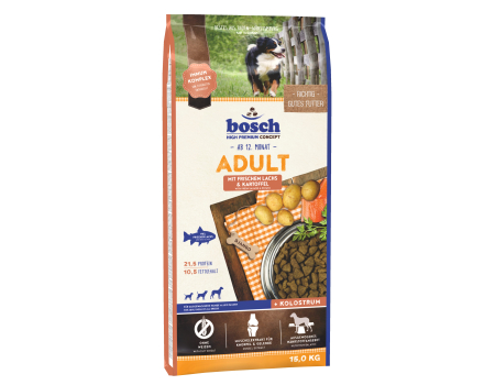 Bosch. ADULT с лососем и картофелем. Полнорационный корм для взрослых собак со средним уровнем активности. 15 кг
