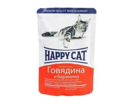 Happy Cat. Паучи для взрослых кошек. Говядина и баранина в соусе. 0,085кг.
