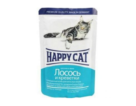 Happy Cat. Паучи для взрослых кошек. Лосось и креветки в желе. 0,085кг