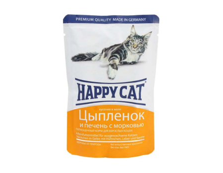 Happy Cat. Паучи для взрослых кошек. Цыпленок и печень с морковью в соусе. 0,085кг