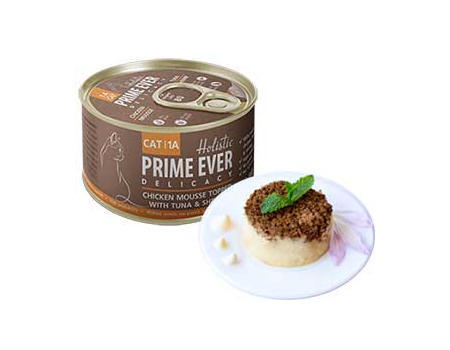 Prime Ever Консервы для кошек Мусс из цыпленка с кусочками тунца и креветками 80г
